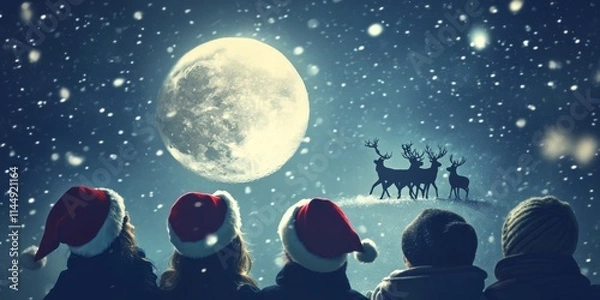 Fototapeta Winter night scene with people in Santa hats watching reindeer silhouettes under a glowing full moon and falling snow