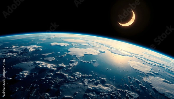 Fototapeta A view of the earth from space with a crescent moon., pop art, with white tones