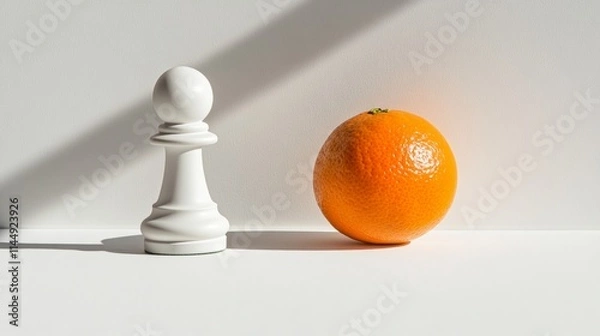Obraz An orange placed next to a white chess piece. Side lit with white background and shadows.