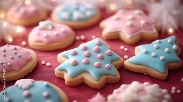 Fototapeta A variety of holiday-themed cookies displayed with icing and colorful decorations on a red tablecloth