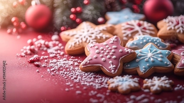 Fototapeta A collection of sugar and gingerbread cookies with festive decorations on a red background
