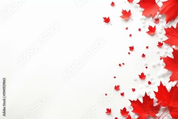 Fototapeta Red maple leaves and snowballs arranged on a white background create a festive border, perfect for holiday themed projects