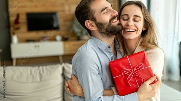 Fototapeta Happy young woman giving a gift to her husband at home. The happy couple is hugging and kissing, creating a Valentine's Day concept in a home background