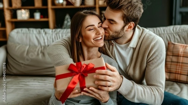 Fototapeta Happy young woman giving a gift to her husband at home. The happy couple is hugging and kissing, creating a Valentine's Day concept in a home background
