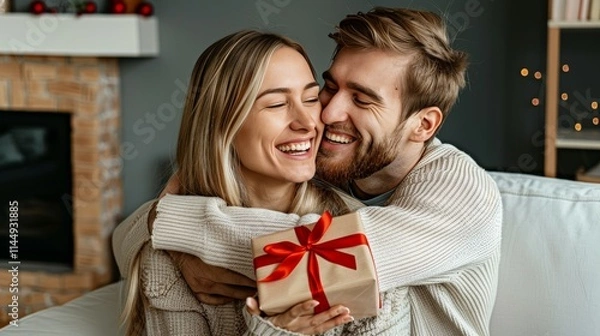 Fototapeta Happy young woman giving a gift to her husband at home. The happy couple is hugging and kissing, creating a Valentine's Day concept in a home background