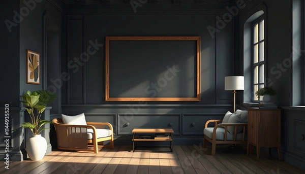 Obraz Frame mockup in dark vintage interior with wooden furniture, 3d render, pixel art, with white tones