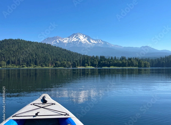 Fototapeta Lake Siskiyou with forested shores and snow capped Mount Shasta as seen from an inflatable kayak