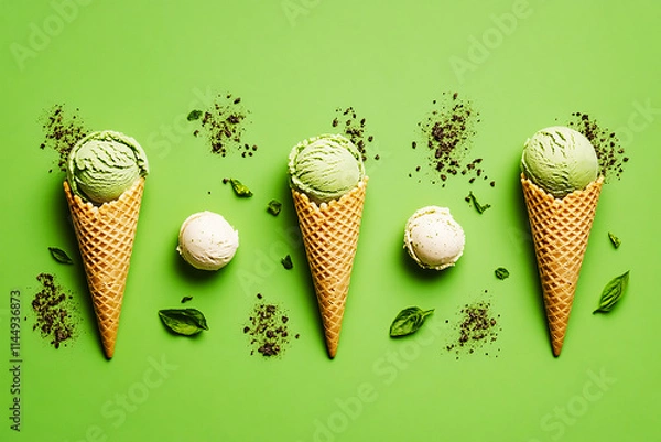 Obraz Directly above. Cone ice cream on green background. 