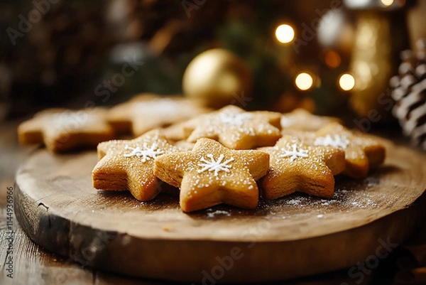 Obraz Star shape gingerbread with Christmas decoration on wooden table