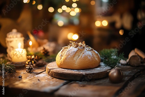 Obraz Loaf of bread on wooden chopping board with Christmas decoration 