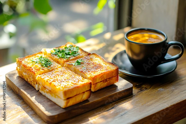 Obraz Toast bread served with a cup of coffee latte on wooden table