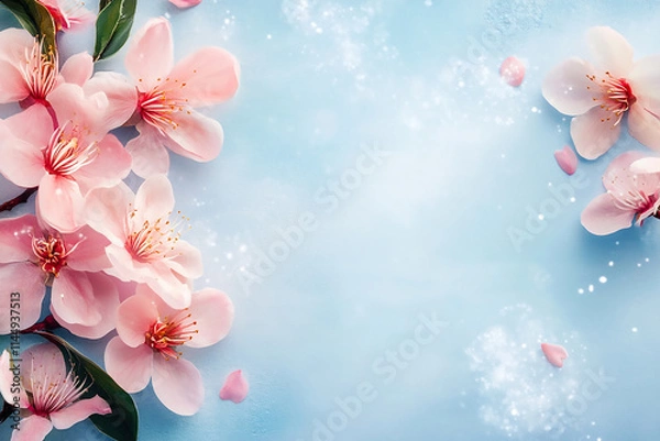 Obraz Pink cherry blossom on blue background with copy space
