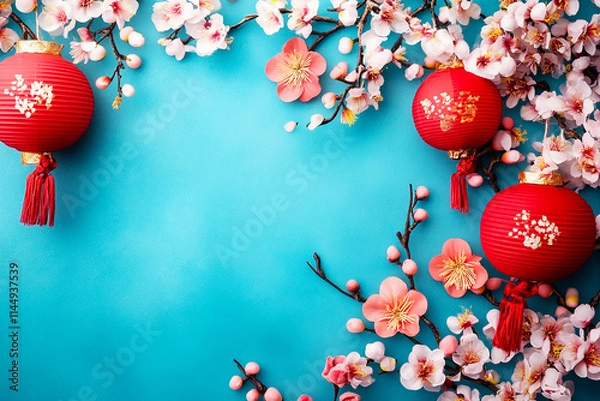 Obraz Chinese new year ornament and cherry blossom flower on blue background with copy space