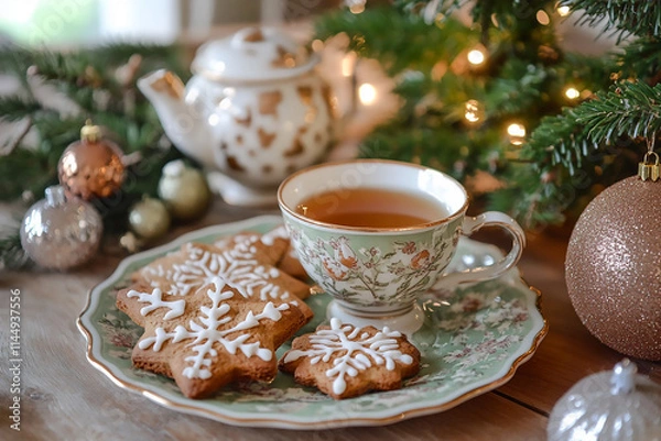 Obraz Christmas ginger bread with cup of hot tea