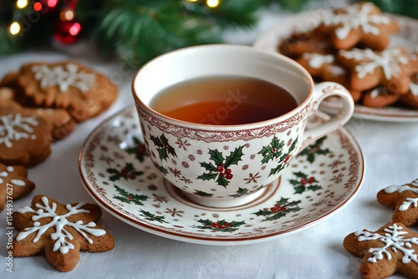 Obraz Cup of Tea with ginger bread on Christmas day