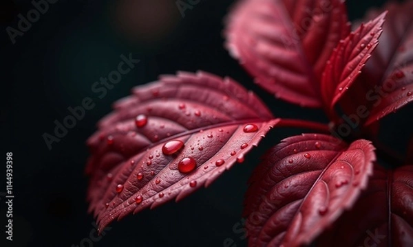 Fototapeta Deep red leaves water droplets macro photography dark