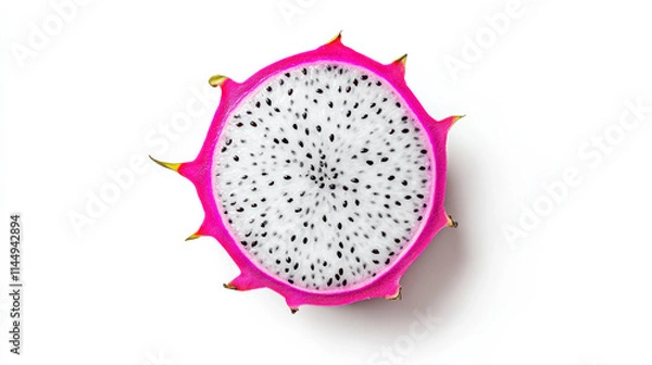 Fototapeta A minimalist and vibrant cut-out of a dragon fruit slice, its stark white flesh dotted with black seeds and edged with a bright neon pink peel, cleanly isolated on a white background. The colors appea