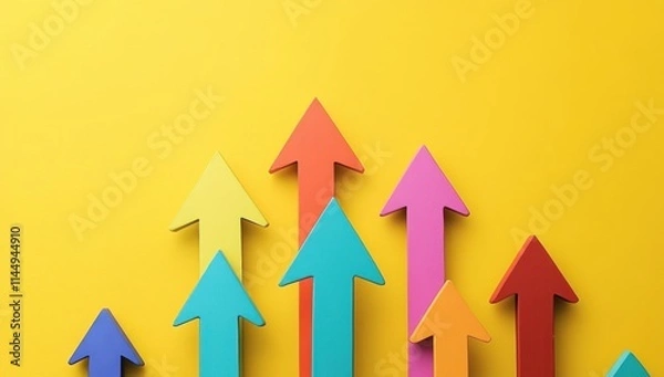 Obraz Abstract background with colorful arrows pointing upwards on a yellow background, representing growth and progress in business or life Generative AI