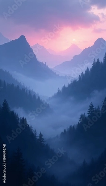 Fototapeta Mysterious mountain landscape at dusk with fog and vibrant sunset, dramatic atmosphere, copy space