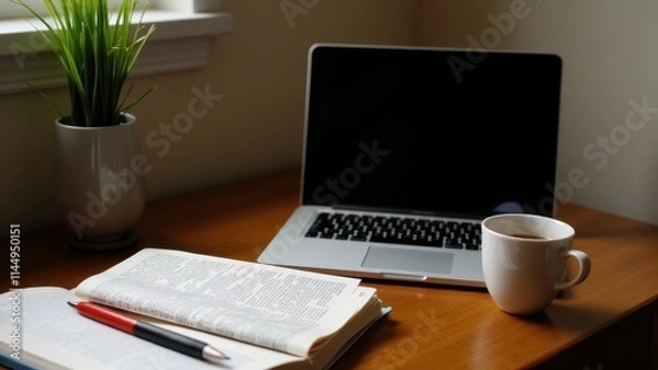 Fototapeta A quiet study session in a cozy room, with a laptop open next to textbooks and a cup of coffee