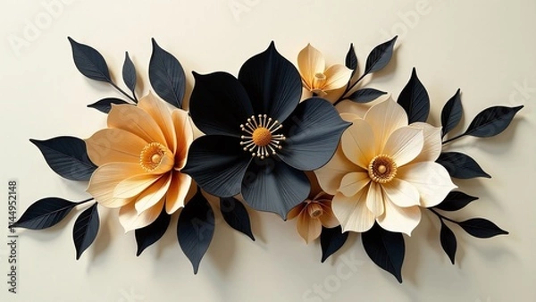 Obraz Elegant paper flowers black and gold color scheme