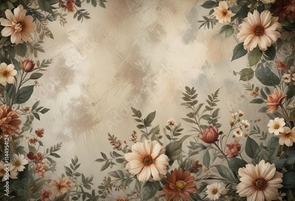 Fototapeta Muted and earthy tones in a distressed floral background, tones, distressed, retro