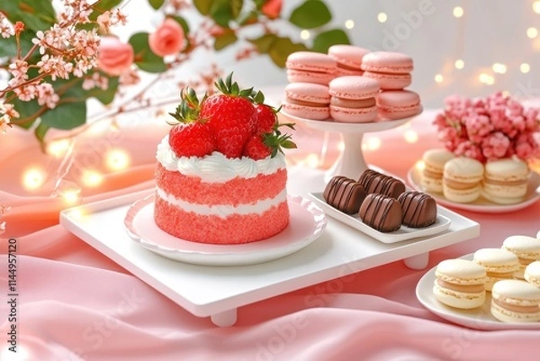 Fototapeta Heart-Shaped Strawberry Cake and Dessert Table