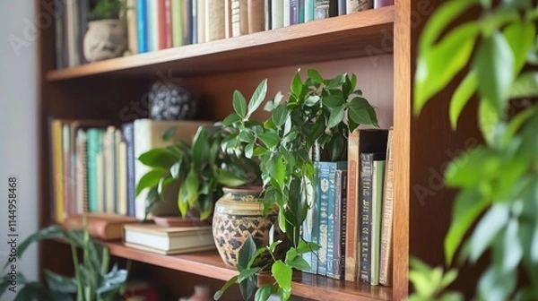 Fototapeta Cozy Bookshelf with Green Plants and Colorful Book Spines
