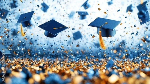 Obraz Blue graduation caps tossed in air with gold confetti.