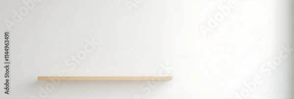 Fototapeta Simple wood table sits atop a crisp white wall with a clear glass backdrop in a minimalist setup._00001_