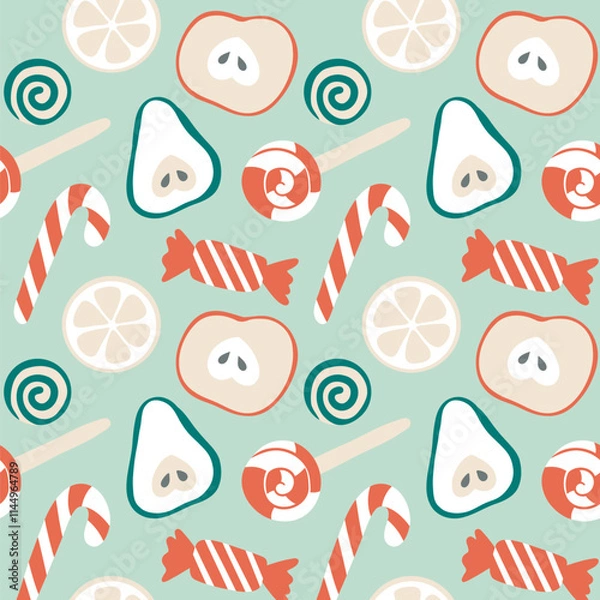 Fototapeta Simple Modern Christmas Fruit and Sweets Seamless Pattern. Cute flat apple, pear, orange, slice. Perfect print for fabric, wrapping paper or cover.