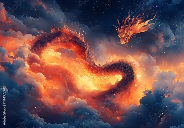 Fototapeta A fierce fire dragon soaring through the clouds, exuding power and mystique



