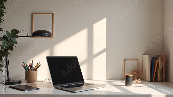 Fototapeta Serene Minimalist Workspace with Natural Light and Plants Against White Wall