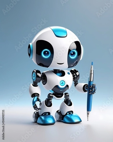 Fototapeta Cute Robot Holding a Pen Ready to Write