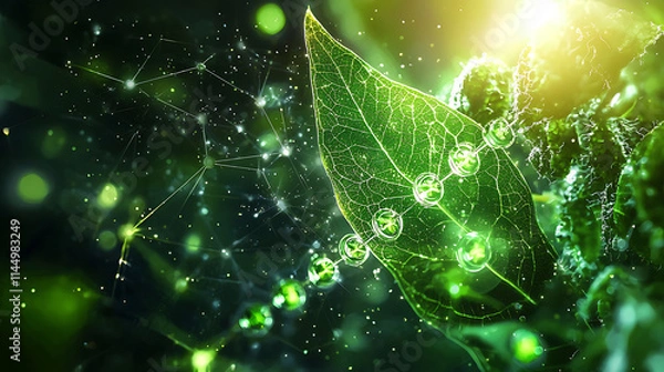 Fototapeta vibrant green leaf with glowing stomata and digital connections symbolizes nature technology