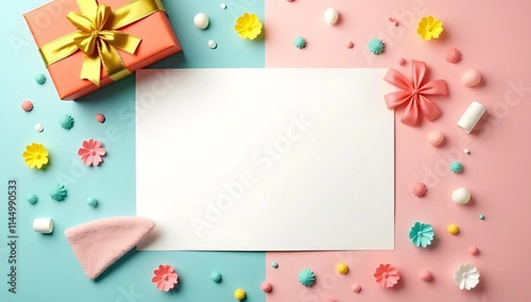 Fototapeta Decorating ideas for a celebration often involve using flat lay design templates featuring a gift box and colorful background elements._00002_