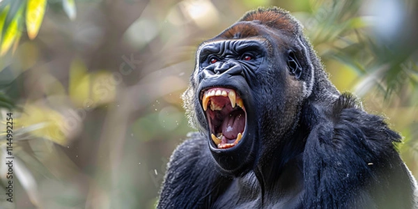 Obraz Close-up of a gorilla with its mouth open, showing teeth and fierce expression.
