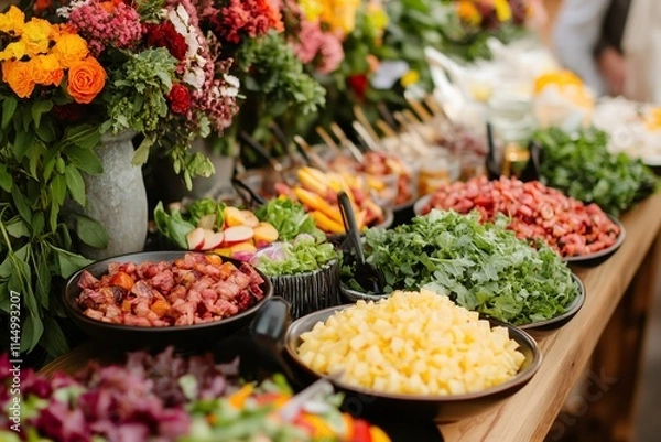 Fototapeta Buffet table displaying fresh produce and prepared dishes for a vibrant meal
