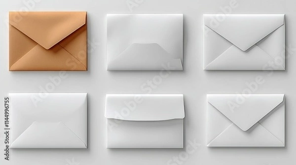 Fototapeta Six envelopes, one orange, five white, flat lay on grey.