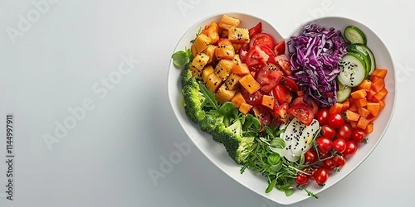 Fototapeta A heart-shaped dish containing healthy, nutritious food to promote cardiac fitness and a balanced diet with ad space, Generative AI.