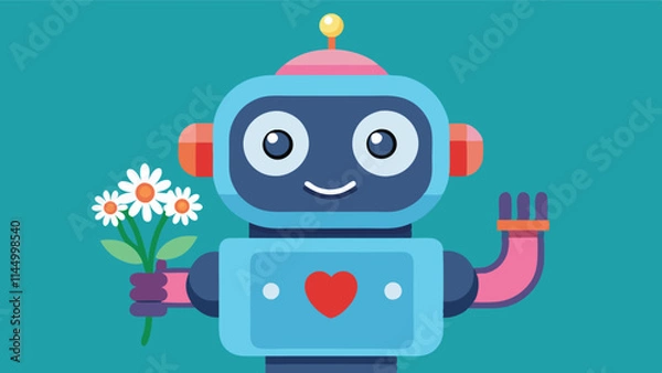 Fototapeta Friendly robot holding a bouquet of colorful flowers in a cheerful digital landscape