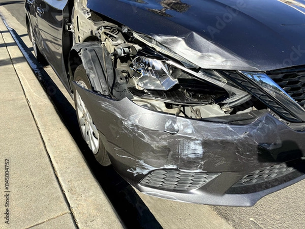 Fototapeta Damaged front fender of a car after a crash