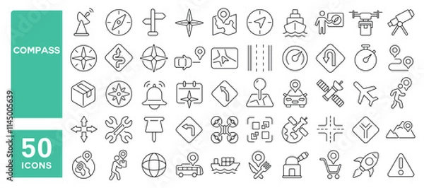Fototapeta Set of 50 line icons related to compass, navigation, arrow, traffic, way, location, direction, pointer, route, destination, Editable stroke. Vector illustration