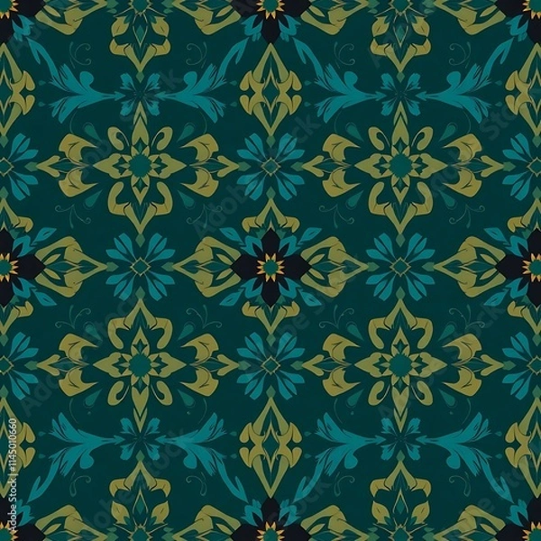 Fototapeta Teal and Gold Damask Pattern: Elegant seamless textile design. Luxurious repeat pattern with intricate details, perfect for fashion, home decor, and wallpaper.  