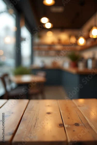 Fototapeta A wood tabletop in a blur of a coffee shop cafe background is ideal for product display and visual layout._00003_