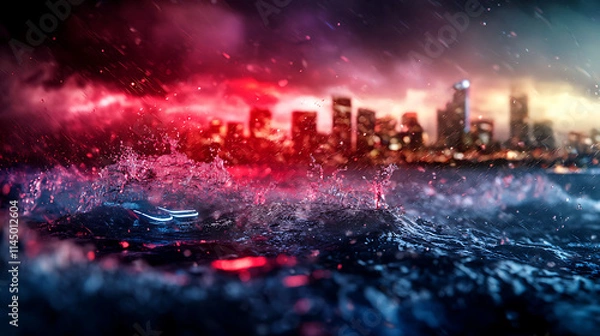 Fototapeta stormy sea with futuristic city lights reflecting on water, creating dramatic scene