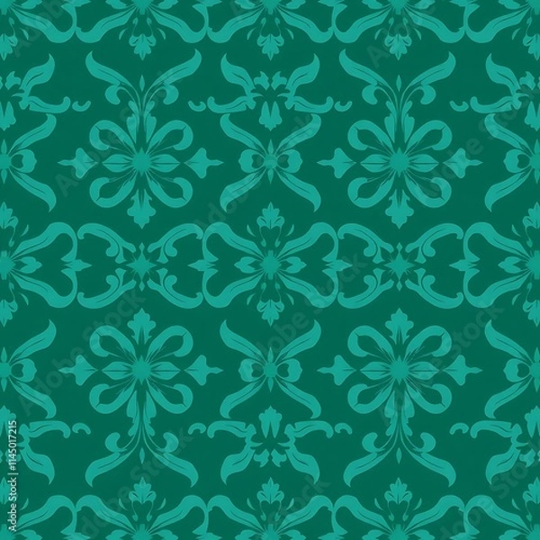 Fototapeta Emerald Elegance: Teal Damask Pattern Seamless Repeat 