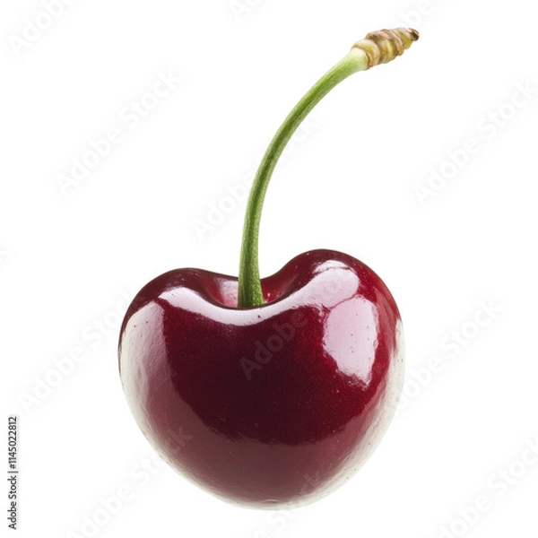 Fototapeta Single cherry with vibrant red skin, attached green stem, isolated on transparent background, ideal for digital designs and illustrations