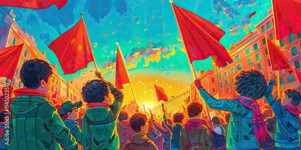 Fototapeta Children and Young Adults Holding Red Flags in a City Street