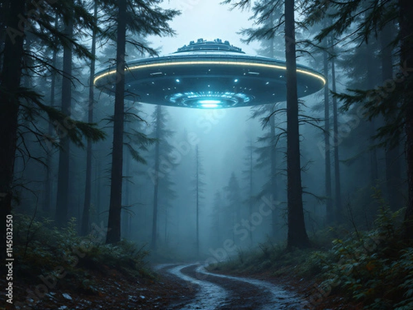 Fototapeta UFO hovering over misty forest path at night.